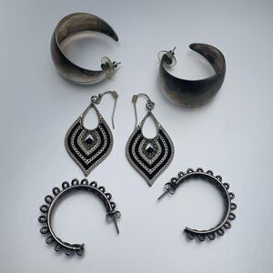 Vintage SET of 3 PAIRS of Understated Metal-Stone Earrings, in Silver tone